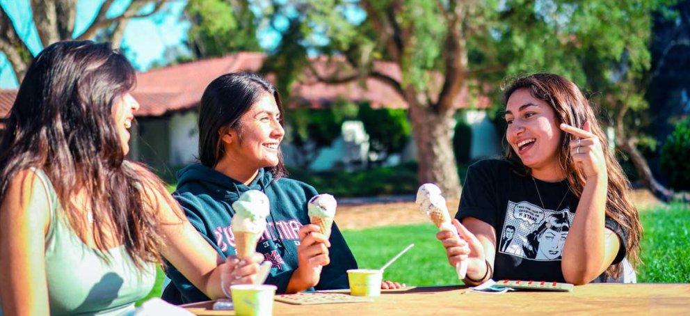 Students eating ice cream and hanging out