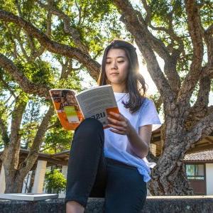 Student reads book on a sunny day